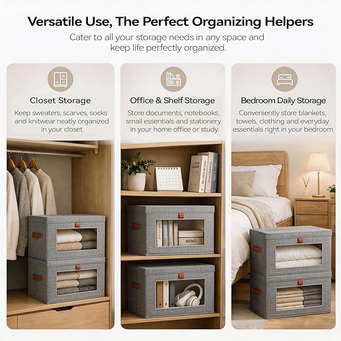 4-Pack Large Storage Bins with LidsStackable&ampCollapsible Closet Storage BinsOxford Fabric Organizer Box with Clear WindowLarge Decorative Storage Boxes for ClosetDorm16.5x11.8x11