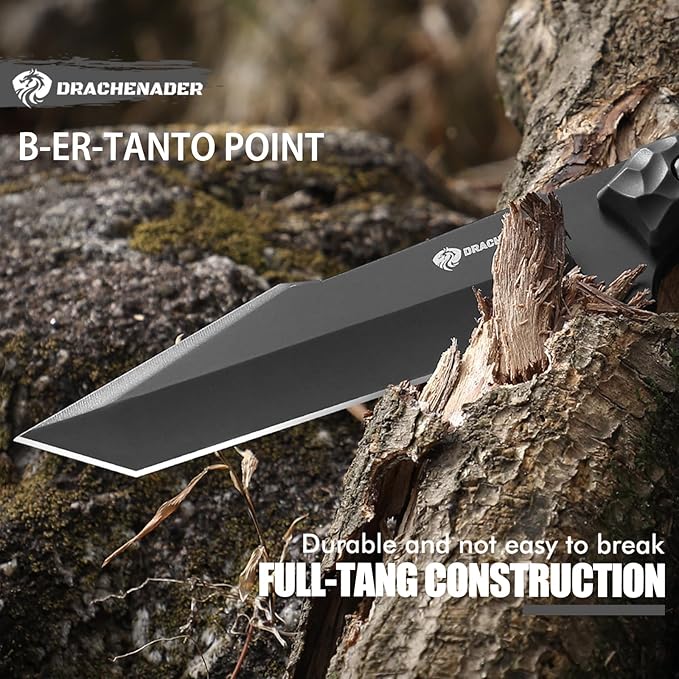 DRACHENADER Tanto Fixed Blade Knife with Sheath Tactical Knife for Men Survival Full Tang Design (E-Full Black)