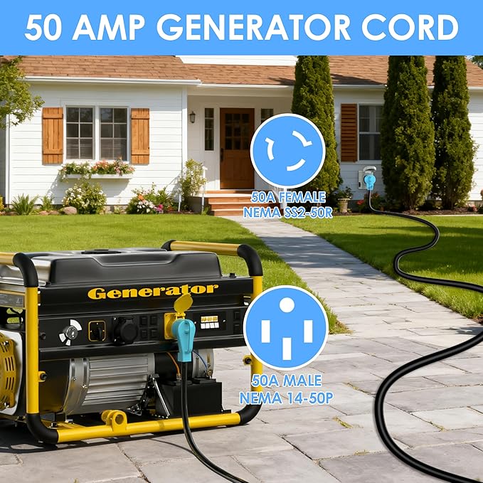 CircleCord UL Listed 50 Amp 15 Feet RV/Generator Cord with 90° Right Angle Locking Connector Heavy Duty 6/3+8/1 Gauge STW Wire 14-50P to SS2-50R for RV Camper Trailer and Generator to House