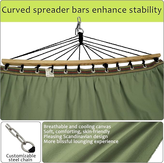 Tranquillo Double Hammock 2 Persons Cotton Canvas 600 lbs Portable Camping Hammock with Solid Curved Wood Spreader Bar Hammock for Camping Travel Indoor Patio Garden Sage