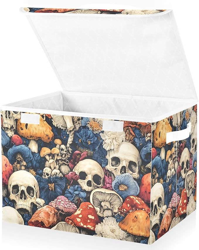 Colorful Skull Mushroom Storage Cube Bins Basket with Lid Collapsible Flip-top Fabric with Handle for Home Bedroom Closet Office 16.5×12.6×11.8 in