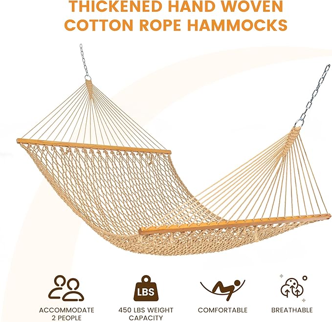 Lazy Daze Hammocks Double Rope Hammock 2 Person Traditional Outdoor Hand Woven Cotton Rope Hammock with Spreader Bar Carabiners Tree Straps Chains for Patio Yard - Max 450 Lbs Tan
