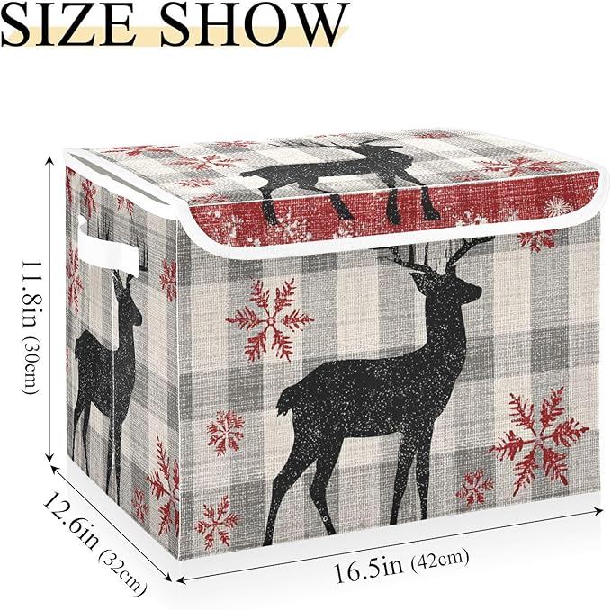 Grey Checkered Christmas Deer Storage Box with Lid 1 PC Foldable Storage Bin with Lids Stackable Storage Bins Cube Closet Organizer Basket with Flip-Top Lid &amp Handles for Shoes Books Towels
