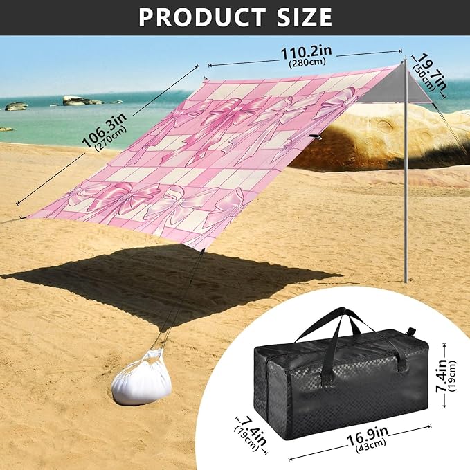 ALAZA Bow Plaid Pink Beach Tent Sun Shelter Portable Canopy Sunshade for Outdoor Camping Picnics Backyard Fun 10x9 ft