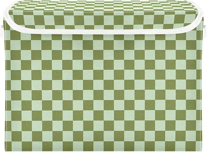 Light Green Checkerboard Storage Baskets Lidded Bin Foldable Storage Boxes Cubes Lids with 2 Handles for Organizing Closet Home Office