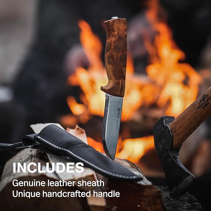HELLE Knives - Eggen - Triple Laminated Stainless Steel Outdoor Adventure Camping Knife with Sheath Stick Tang Fixed Blade Curly Birch Handle Made in Norway