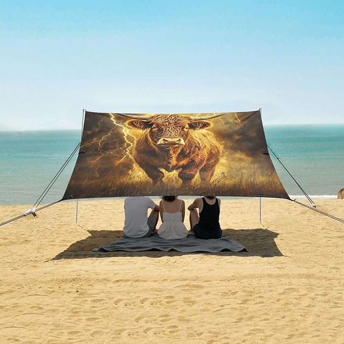 ALAZA Cow Yellow Lightning Background Beach Tent Sun Shelter Portable Canopy Sunshade for Outdoor Camping Picnics Backyard Fun 10x9 ft