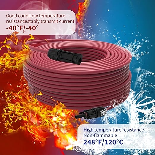 Solar Extension Cable 10AWG 6mm² 328FT PV Panels Wire 10Gauge Adaptor Cables with Female &amp Male Waterproof Connectors for Outdoors Marine Photovoltaic 328Ft (100m) Red