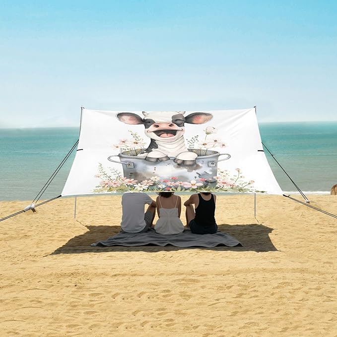 ALAZA Baby Cow Grass Beach Tent Sun Shelter UPF50+ Protection Beach Shade Canopy w/ 4 Sandbags for Outdoor Camping Fishing Backyard Fun Picnic 10x9 ft