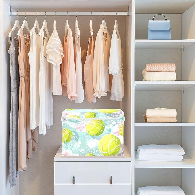 Yellow Blue Pink Tennis Fresh Storage Box with Lid 1 PC Foldable Storage Bin with Lids Stackable Storage Bins Cube Closet Organizer Basket with Flip-Top Lid &amp Handles for Shoes Books Towels