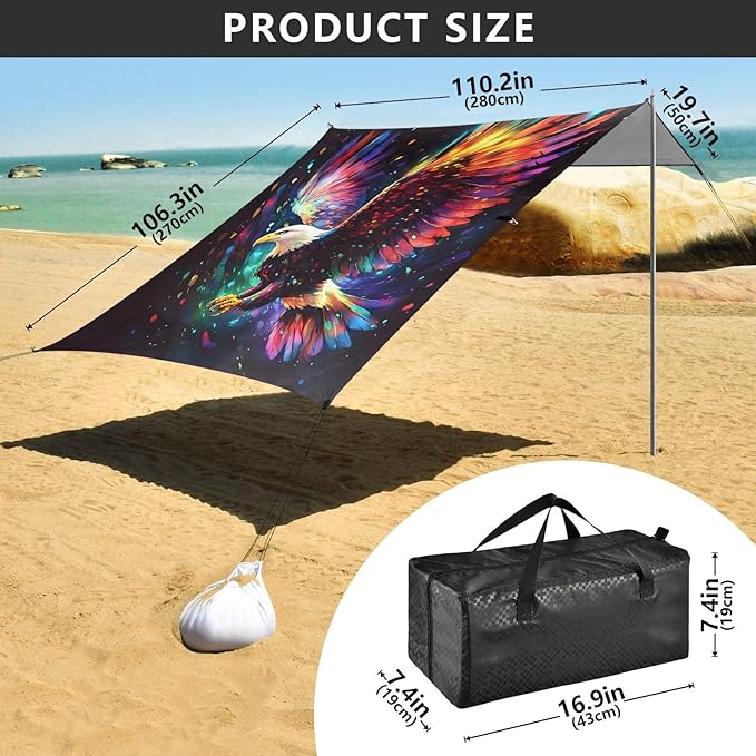 ALAZA Bald Eagle Beach Tent Sun Shelter UPF50+ Protection Beach Shade Canopy w/ 4 Sandbags for Outdoor Camping Fishing Backyard Fun Picnic 10x9 ft
