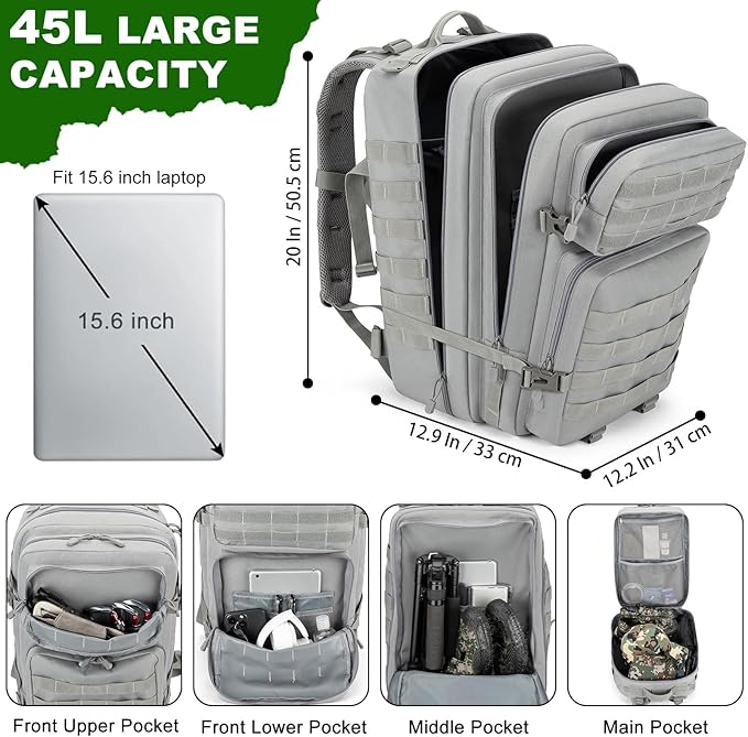 Tactical Backpack 45L Army Military Rucksack Water Resistant MOLLE Pack Large 3 Day Bug Out Bag for Men &amp Women Durable Outdoor Gear for Hiking Camping Hunting Travel (Grey)