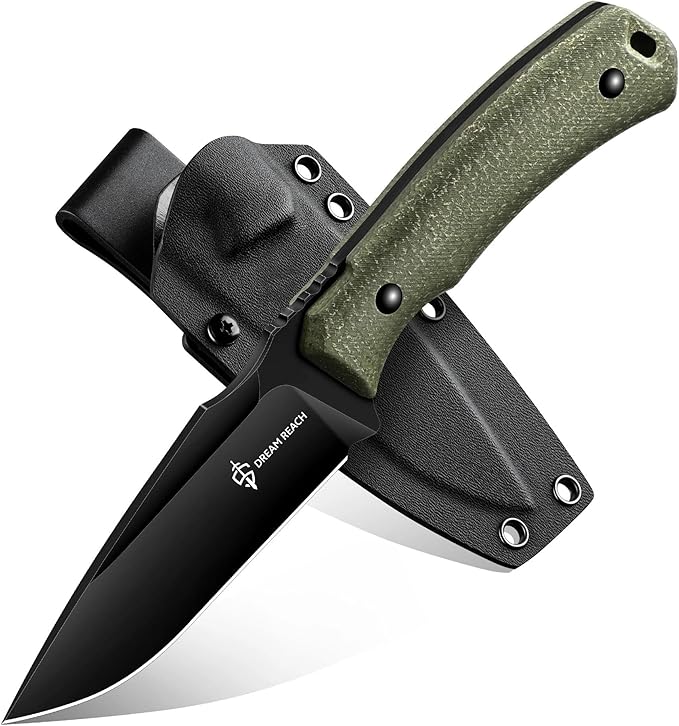 Dream Reach Fixed Blade Knife - D2 Steel Tactical Knife with Ergonomic Full Tang Handle and Kydex Sheath for Outdoor Camping Survival Gift for Men Women Green