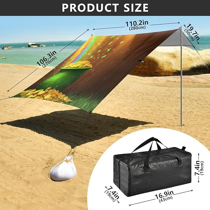 xigua St. Patrick's Day Beach Tent Sun Shelter with Carrying Bag - Silver Coated Oxford Fabric Beach Canopy for Beach Camping Fishing - Includes Windproof Ropes Sandbags &amp Stakes