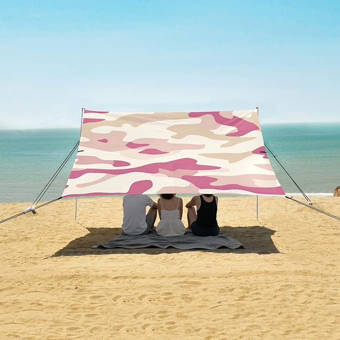 Cream Foldable Beach Cabana UPF50 Water-Resistant Shade Sun Shelter with Sandbags &amp Sand Shovel for Camping Picnics Backyard &amp Fishing