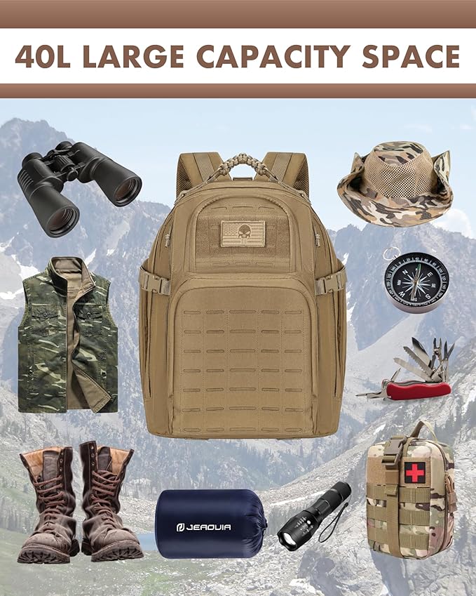 TRAILKICKER Military Tactical Backpack 40L for Men Hiking Molle EDC Daypack Work Backpack with Water Bladder Compartment