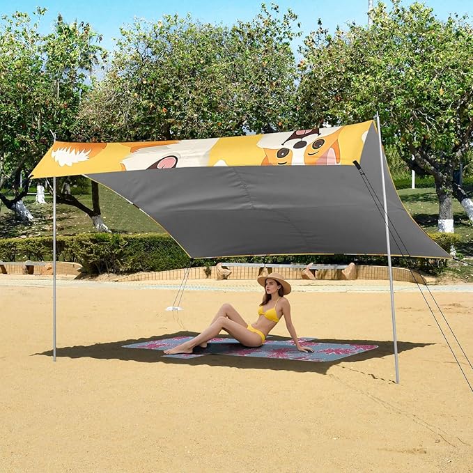 ALAZA Yellow Corgi Dogs Pattern Beach Tent Sun Shelter Portable Canopy Sunshade for Outdoor Camping Picnics Backyard Fun 10x9 ft