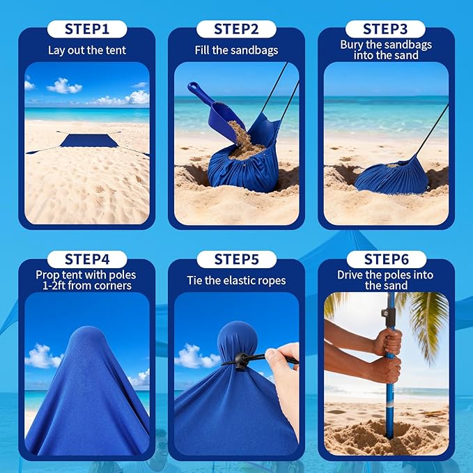 CROWN SHADES 7x7 Beach Tent Sun Shelter Easy Pop Up Beach Canopy Shade Portable Outdoor Carpas UPF50+ Includes 4 Poles Adjustable Aluminium Extra-Large Big Sand Shovel Navy Blue