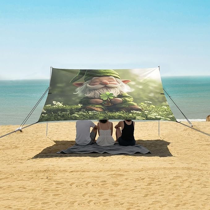 St. Patrick's Day Beach Canopy Sun Shelter with Sandbags &amp Sand Shovel &amp Windproof Ropes - Portable 110x126 Beach Shade Beach Tent for Camping Picnics