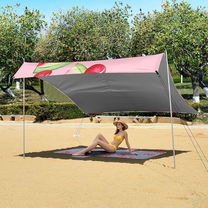 ALAZA Watermelon and Cherry Pattern Beach Tent Sun Shelter Portable Canopy Sunshade for Outdoor Camping Picnics Backyard Fun 10x9 ft