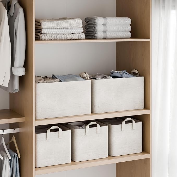 StorageWorks Storage Bins Shelves Baskets for Organizing Large Fabric Closet Organizers with Handles Metal Frame Beige-Cotton-linen 2-Pack