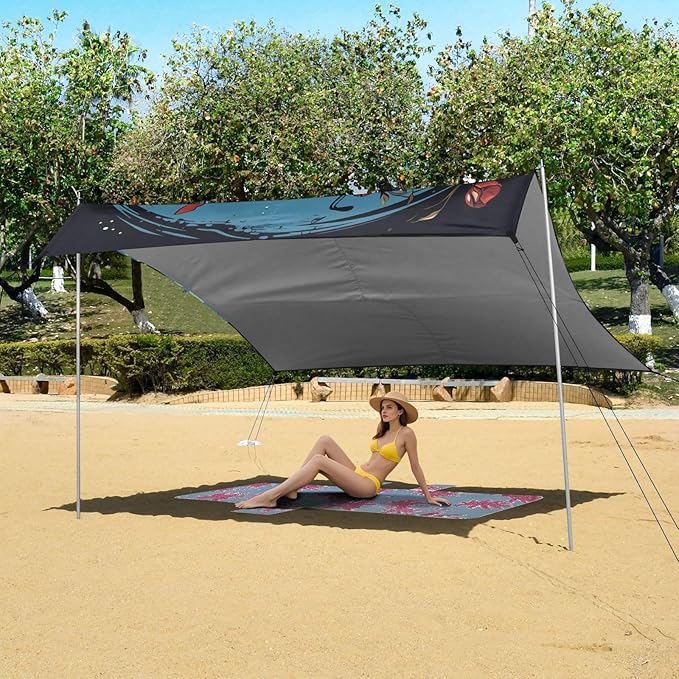 ALAZA Skull Rose Flowers Beach Tent Sun Shelter UPF50+ Protection Beach Shade Canopy w/ 4 Sandbags for Outdoor Camping Fishing Backyard Fun Picnic 10x9 ft