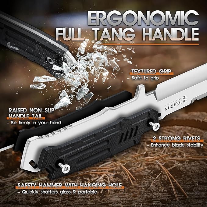 Dragon Creek Fixed Blade Knife - Outdoor Survival Knife for Camping Hiking Gift Men Silver