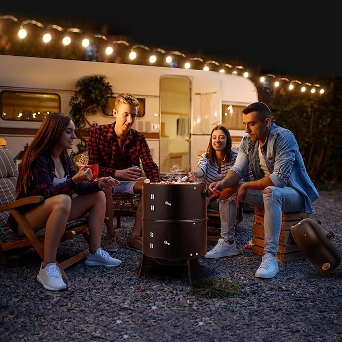 31.5 Vertical Steel Charcoal Smoker GrillHeavy Duty BBQ GrillsOutdoor Camping Backyard Barbecue GrillMetal Barbecue Smokerswith Thermometerfor Patio Garden Beach Porch Lawn Yard (Black)