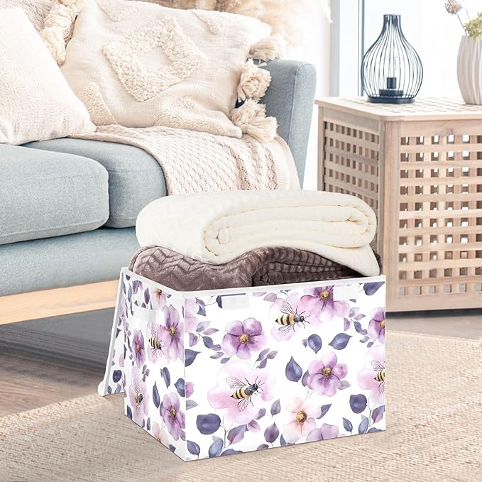 Bees Floral Storage Cube Bins Basket with Lid Collapsible Flip-top Fabric with Handle for Home Bedroom Closet Office 16.5×12.6×11.8 in