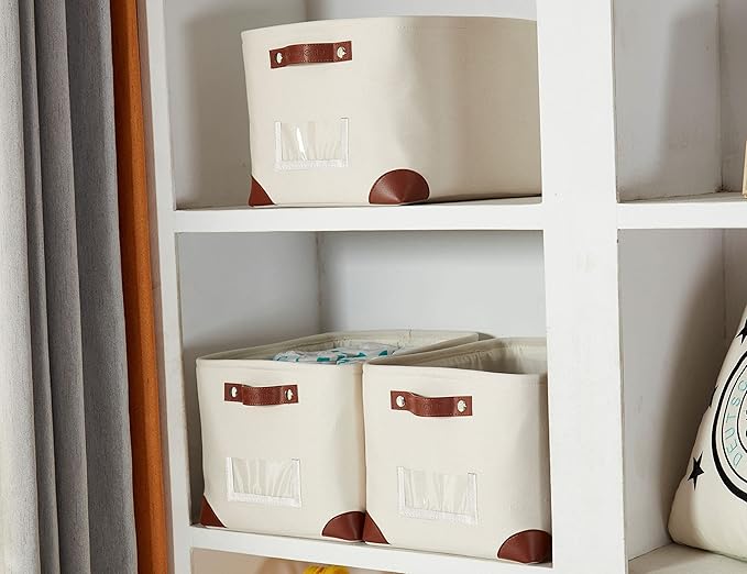 DECOMOMO White Storage Bins Fabric Storage Baskets for Shelves &amp Linen Closet Organization (Creamy White W/ Label holder Large - 3 Pack)