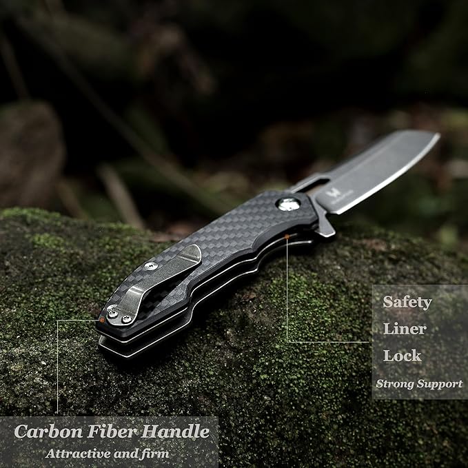 Folding Pocket Knife - 3.54'' CPM S35VN Black Steel Blade Carbon Fiber Ergonomic Handle - Camping Outdoor Self-Defense &amp Protection EDC Knife Men &amp Women Best Gifts