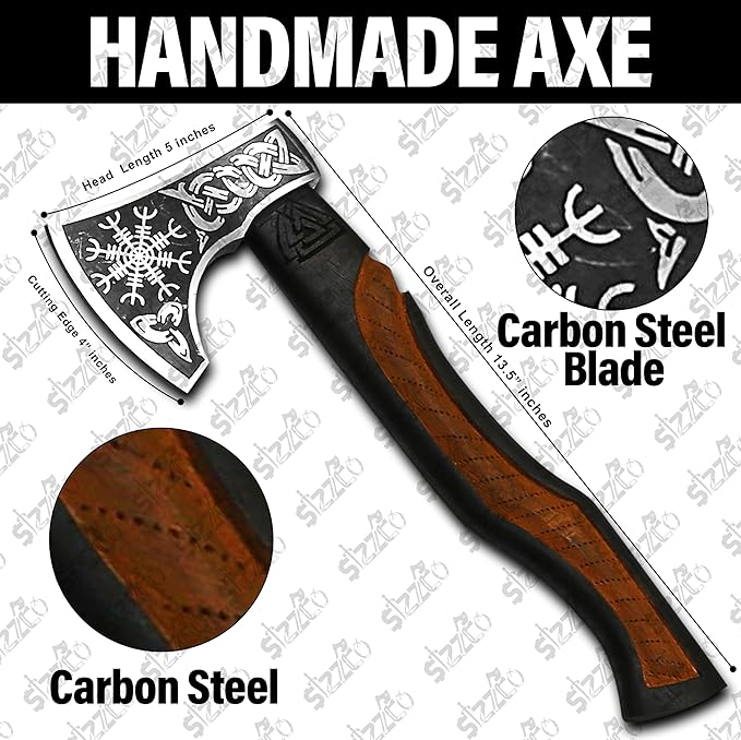 Custom Gift Forged Carbon Steel Viking Style Axe Bearded Axe with Rose Wood Shaft Tomahawk - Real Hatchet Best Gift for Anniversary Valentine's Day Birthday Premium Leather Sheath