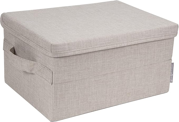 Bigso Box of Sweden Small Storage Box with Lid and Handle - Fabric Storage Box Made of Polyester and Cardboard in Linen Look - Folding Container for Clothes Accessories Toys etc. - Beige