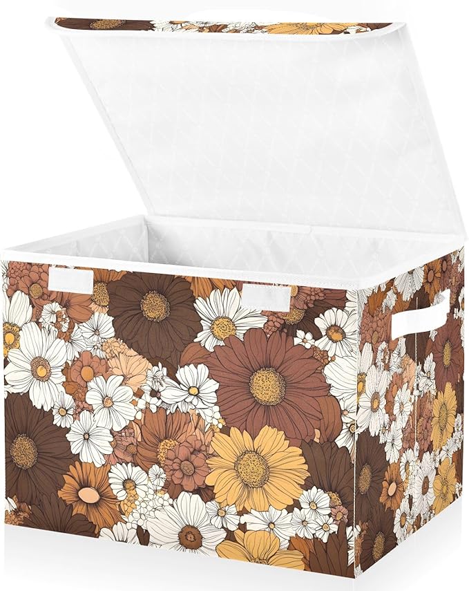 Boho Florals Storage Cube Bins Basket with Lid Collapsible Flip-top Fabric with Handle for Home Bedroom Closet Office 16.5×12.6×11.8 in