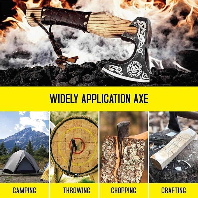 Viking Axe Ashwood Handle Handmade Carbon Steel Blade Outdoor Camping Hunting Norse Hatchets Axes with Black Leather Wrapped Handle &amp Leather Sheath Wood Splitting Axes