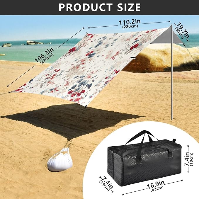 Sweet Pea Flowers Beach Tent Sun Shelter Set UPF50+ UV Protection 10.5 x 9.19 FT Camping Shade Canopy with Sandbags Sand Anchors Carrying Bag and Others