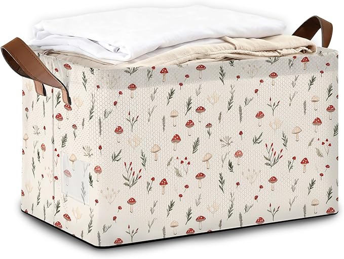 Storage Bin with Handles Little Mushroom Flower Collapsible Laundry Baskets for Books Laundry - Use in Nursery Closet Organizers and Storage Blanket Basket