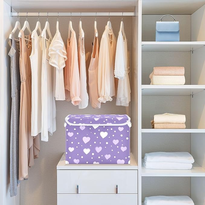 Purple Valentine Hearts Dots Storage Box with Lid 1 PC Foldable Storage Bin with Lids Stackable Storage Bins Cube Closet Organizer Basket with Flip-Top Lid &amp Handles for Shoes Books Towels