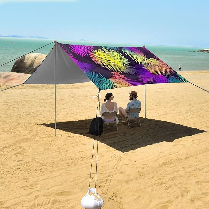 ALAZA Neon Rainbow Palm Leaf Beach Tent Sun Shelter UPF50+ Protection Beach Shade Canopy w/ 4 Sandbags for Outdoor Camping Fishing Backyard Fun Picnic 10x9 ft