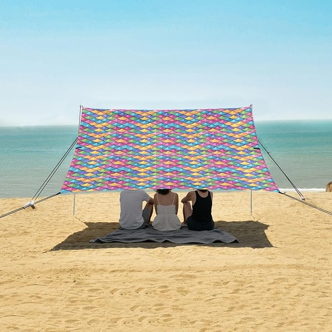 ALAZA Mermaid Print Rainbow Beach Tent Sun Shelter UPF50+ Protection Beach Shade Canopy w/ 4 Sandbags for Outdoor Camping Fishing Backyard Fun Picnic 10x9 ft