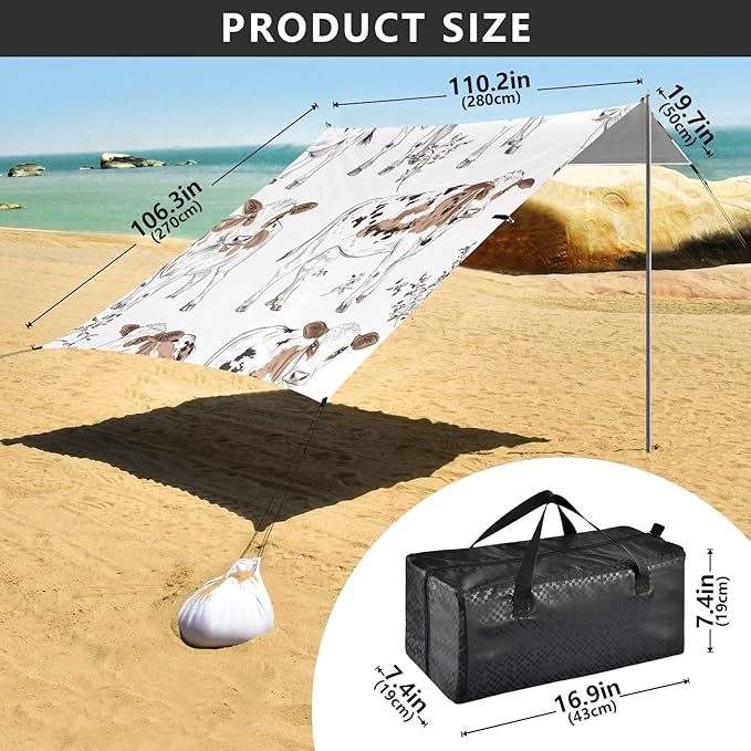 Cow Foldable Beach Tent UPF50+ Waterproof Portable Sun Shelter with Sandbags Sand Shovel Poles for Camping Trips Fishing Backyard Fun or Picnics