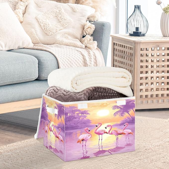 MNSRUU Containers Baskets with Lids Four Flamingos Fabric Foldable Storage Bins Organizer with Lid Collapsible Storage Boxes for Home Bedroom Closet Office