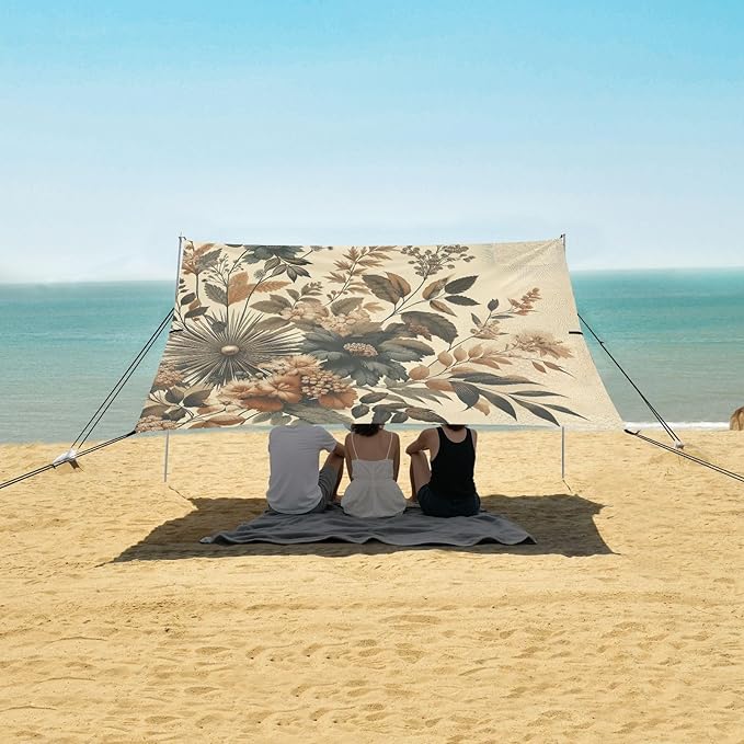 Vintage Botanical Retro Flowers Beach Tent Sun Shelter Set UPF50+ UV Protection 10.5 x 9.19 FT Camping Shade Canopy with Sandbags Sand Anchors Carrying Bag and Others