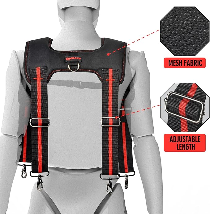 Heavy Duty Tool Belt Suspenders – Adjustable X-Back Padded Shoulder Harness with Universal Hooks – Tactical Work Suspenders for Electricians Carpenters Construction