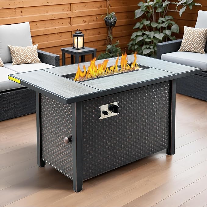 OVIOS 42 Inch Outdoor Patio Fire Pit Table 50000 BTU Heater Metal Steel Frame Propane Firepits with Ceramic Tabletop Waterproof Cover Lid Lava Rock Rectangular Black