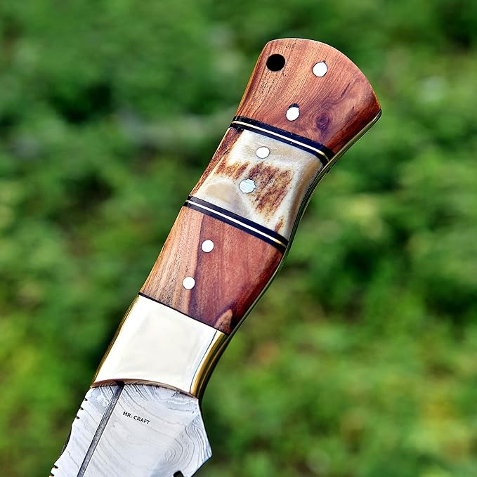 MR. CRAFT Custom Handmade Traditional Kukri Damascus Steel Fixed Blade Knife With Sheath Full Tang Heavy Duty Camping Knives - Gifts for Men (Kow Wood and Stag Horn)