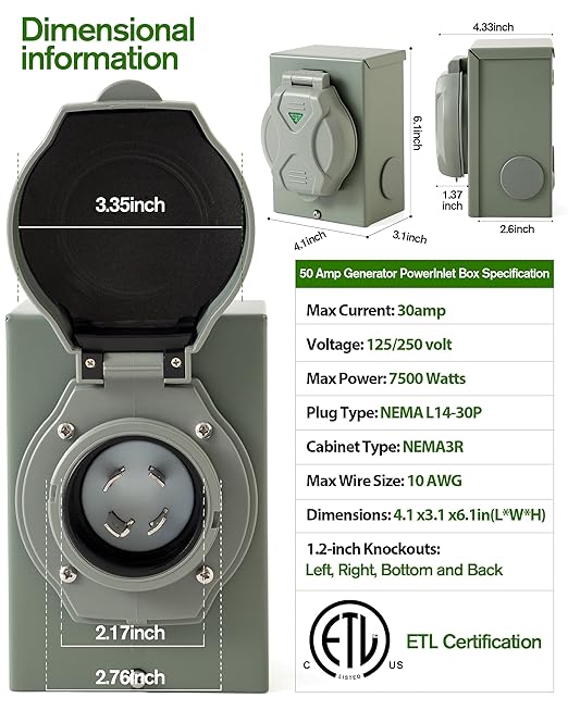 X-Haibei 30 Amp Generator Power Inlet Box 125/250 Volt NEMA L14-30P 4 Prong 7500 Watts fit Generator Plug for Outdoor Receptacle LED Light (30A NEMA L14-30P)