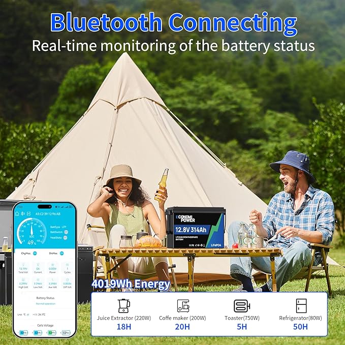 12V 314Ah(300Ah) LiFePO4 Lithium Battery 200A Smart BMS w/App Monitoring &amp 15000+ Cycles Compact Reliable Power for RV Solar Off-Grid &amp Home Backup