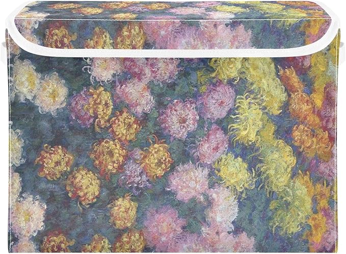 Storage Bins With Lid Stackable Fabric Closet Organizer Clothing Storage Large Boxes For Closet Shelves Bedroom Chrysanthemums Flower Monet