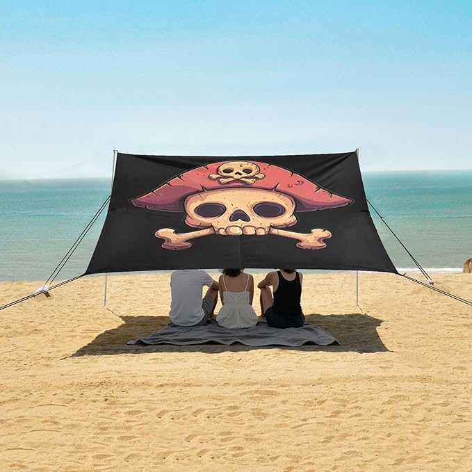 ALAZA Cartoon Pirate Skull with Bones on The Black Beach Tent Sun Shelter Portable Canopy Sunshade for Outdoor Camping Picnics Backyard Fun 10x9 ft